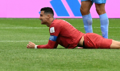 La star portugaise Cristiano Ronaldo grimace lors du match contre la République démocratique du Congo, au Mondial-2026, le 17 juin 2026 à Houston ( AFP / RONALDO SCHEMIDT )