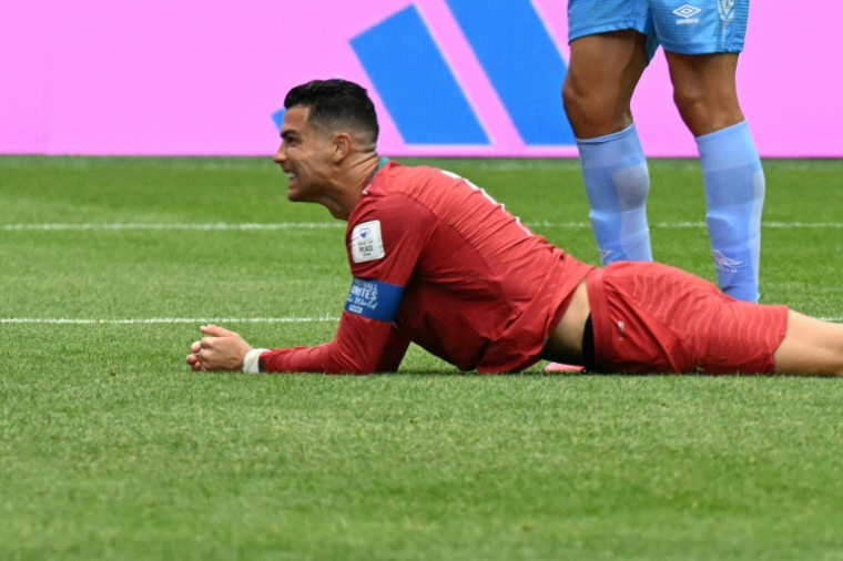 La star portugaise Cristiano Ronaldo grimace lors du match contre la République démocratique du Congo, au Mondial-2026, le 17 juin 2026 à Houston ( AFP / RONALDO SCHEMIDT )