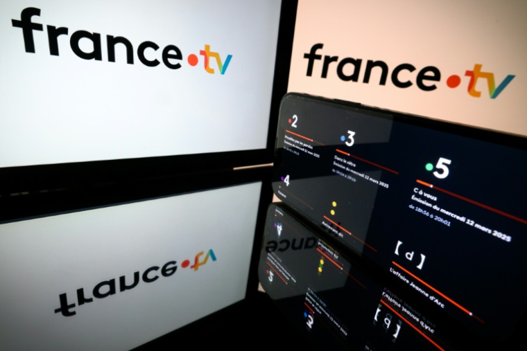 Cette image d'illustration montre le logo de France Télévisions sur des écrans, à Toulouse, le 12 mars 2025 ( AFP / Lionel BONAVENTURE )