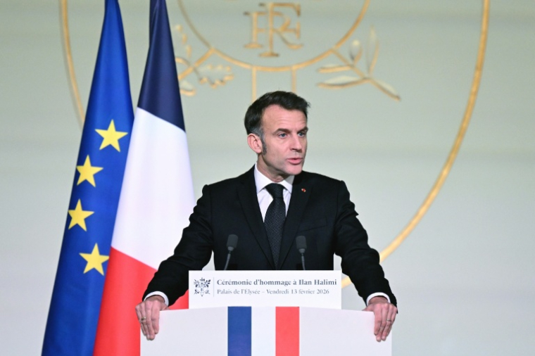 Le président Emmanuel Macron lors d'une cérémonie commémorant le 20e anniversaire du meurtre d'Ilan Halimi, à l'Élysée, le 13 février 2026 à Paris ( POOL / Bertrand GUAY )
