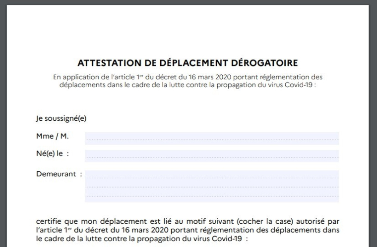 Ce document sera à remplir à chacun de vos déplacements et à garder sur vous en cas de contrôle durant toute la durée du confinement.
