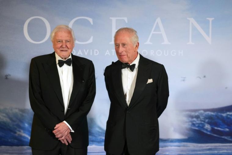 Le roi Charles III (d) et David Attenborough à la première du documentaire "Ocean with David Attenborough", à Londres, le 6 mai 2025 ( POOL / Alastair Grant )