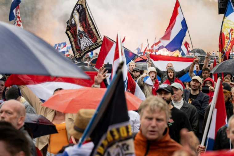 Des manifestants agitent des drapeaux néerlandais lors d'un défilé anti-immigration, à La Haye le 20 septembre 2025 ( ANP / Josh Walet )
