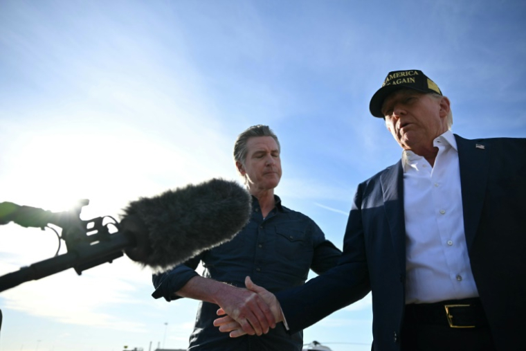 Le gouverneur de la Californie, Gavin Newsom (g), reçoit Donald Trump, à Los Angeles, le 24 janvier 2025 ( AFP / Mandel NGAN )