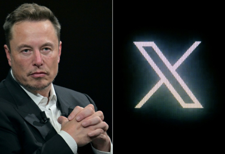 Le propriétaire de X Elon Musk, le 16 juin 2023 à Paris, et le logo du réseau, le 24 juillet 2023 ( AFP / Alain JOCARD )