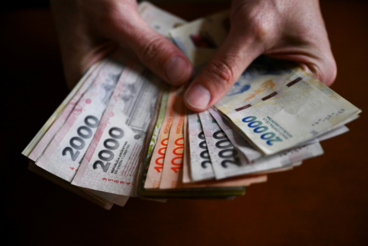 Des billets de pesos argentins à Buenos Airse, le 14 juillet 2025 ( AFP / Luis ROBAYO )