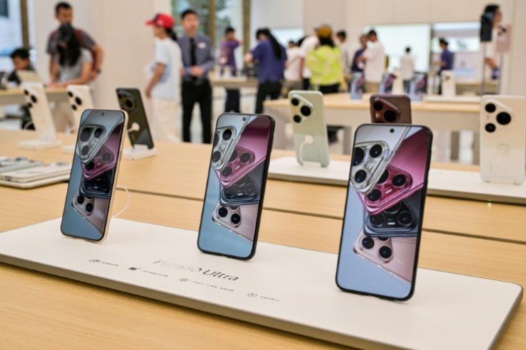 Smartphone de nouvelle génération dans le magasin Huawei du quartier de Huangpu, à Shanghai, le 23 juin 2025. ( AFP / Hector RETAMAL )