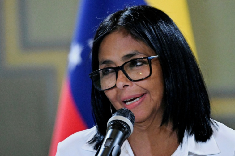 La présidente par intérim du Venezuela, Delcy Rodriguez, lors d'une conférence de presse au palais de Miraflores à Caracas, le 13 avril 2026 ( AFP / Juan BARRETO )