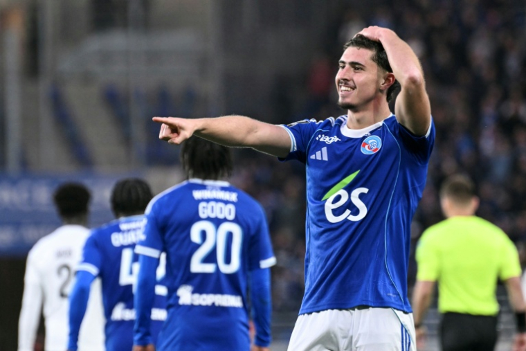 L'ataquant argentin de Strasbourg Joaquin Panichelli a inscrit un doublé contre Angers en match de Ligue 1 le 5 octobre 2025 à Strasbourg ( AFP / SEBASTIEN BOZON )