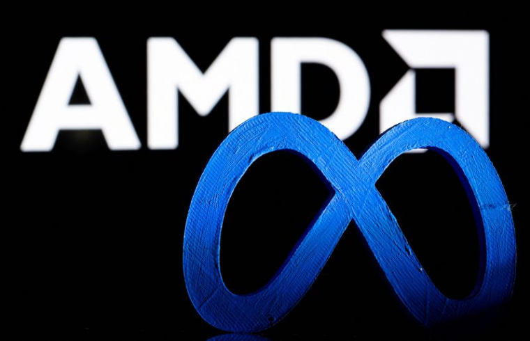 le logo de Meta imprimé en 3D Meta est vu devant le logo AMD affiché dans cette illustration