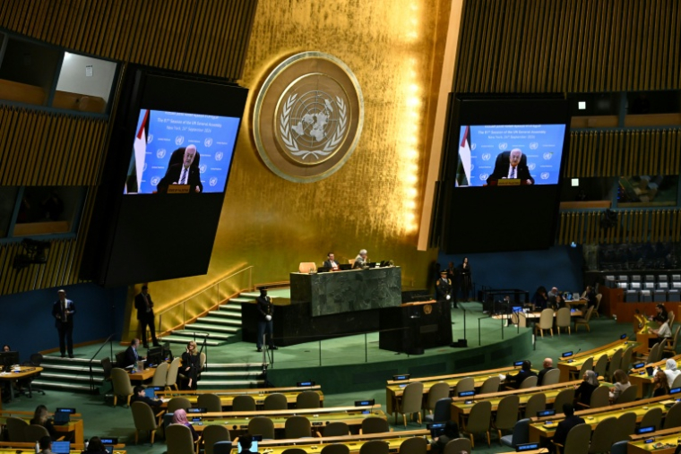 Le président palestinien Mahmoud Abbas s'adresse à la 81e Assemblée générale de l'ONU par visioconférence, le 24 septembre 2026 à New York ( AFP / ANGELA WEISS )