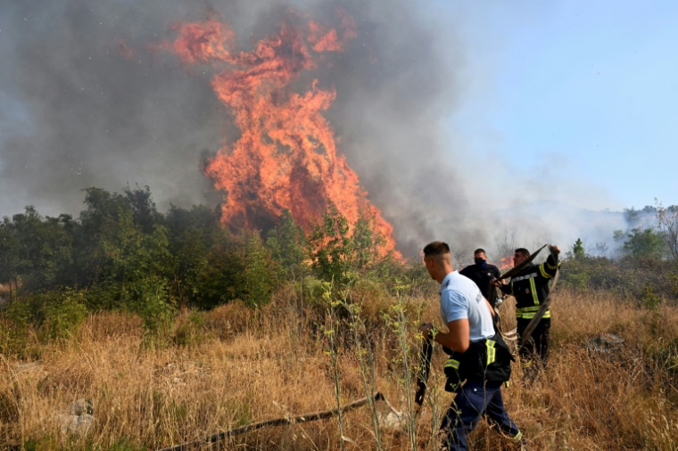 Les pompiers tentent d'éteindre un incendie de forêt dans la banlieue de la capitale du Monténégro, Podgorica, le 11 août 2025, alors que les températures ont atteint 40°C ( AFP / SAVO PRELEVIC )