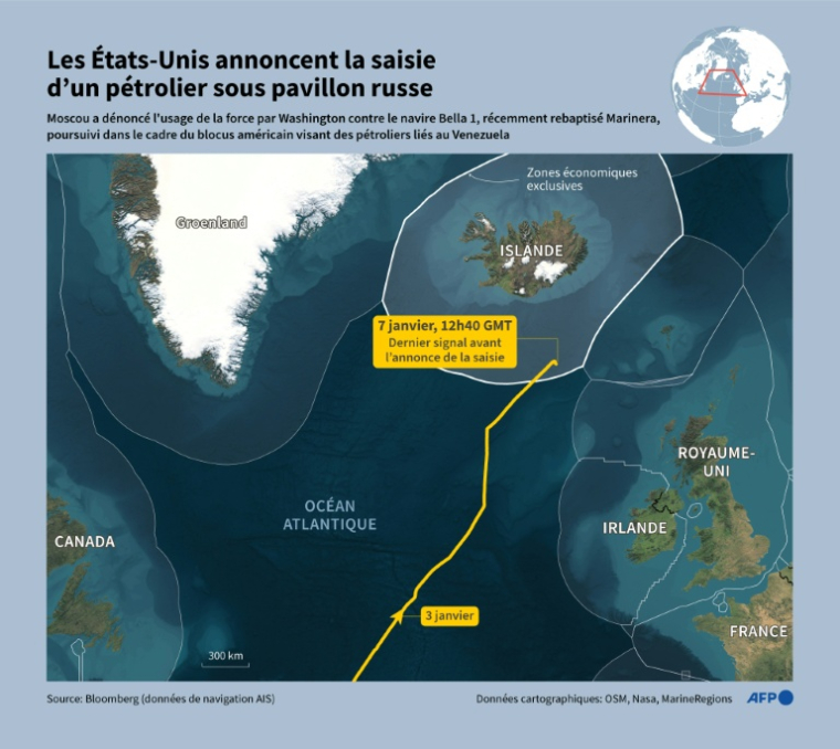 Trajet du navire Bella 1, récemment rebaptisé Marinera, du 3 au 7 janvier 2026, selon ses données de navigation AIS fournies par Bloomberg ( AFP / Paz PIZARRO )