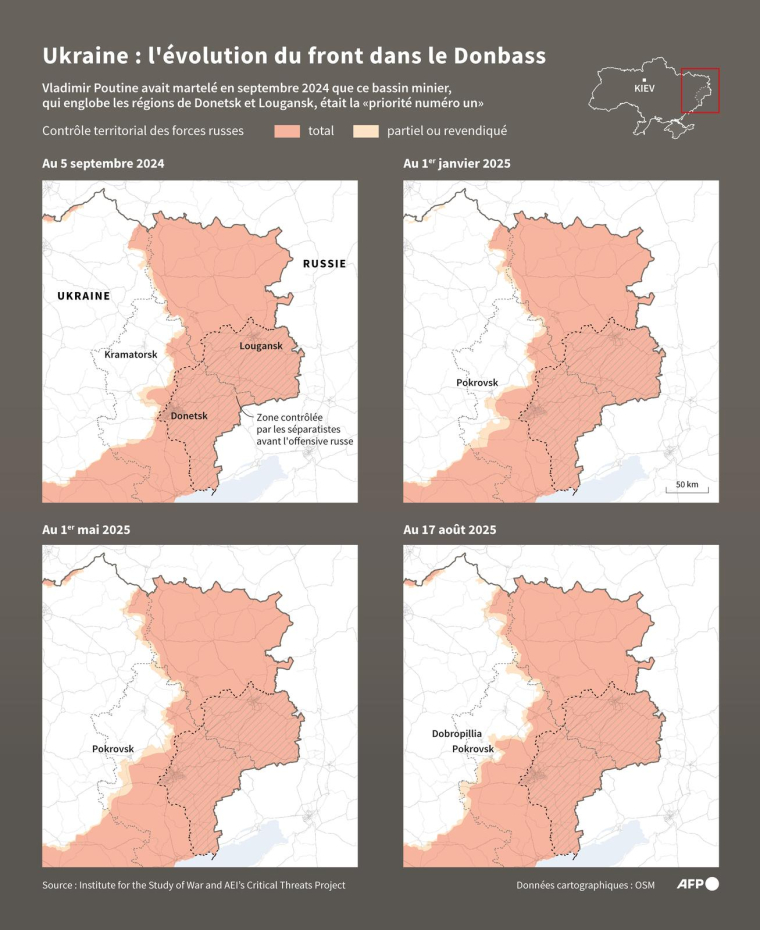 Cartes montrant l'évolution des zones contrôlées par les forces russes dans le Donbass, à quatre dates entre le 5 septembre 2024 et le 17 août 2025, à partir des données fournies par l'ISW, qui travaille avec le Critical Threats Project (CTP) ( AFP / Cléa PÉCULIER )