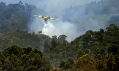 Un avion combat un incendie près du village de Vilaboa, dans le nord-ouest de l'Espagne le 22 août 2025. ( AFP / MIGUEL RIOPA )