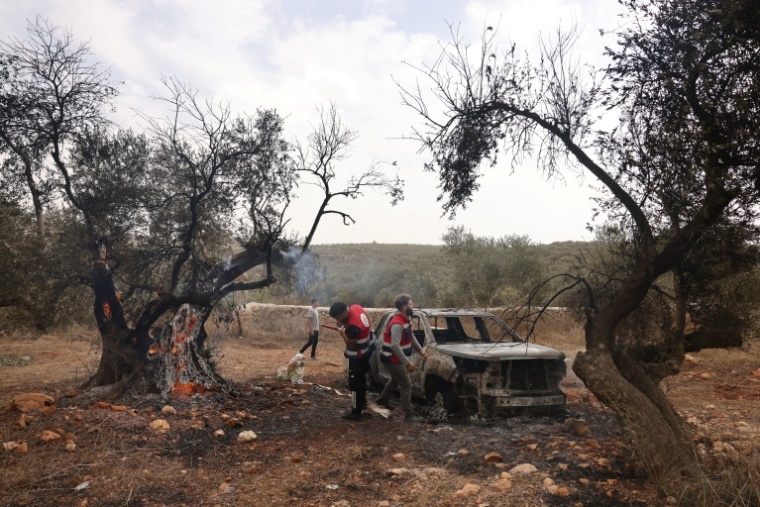 Des bénévoles palestiniens inspectend une oliveraie incendiée par des colons israéliens près de Ramallah, en Cisjordanie, le 16 octobre 2026 ( AFP / AHMAD GHARABLI )