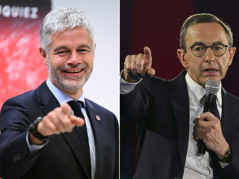 (COMBO) Cette combinaison de photos montre les deux candidats à la présidence du parti Les Républicains: Laurent Wauquiez (G), ici le 18 avril 2025 à Biarritz, et Bruno Retailleau (D) le 11 mai 2025 à Boulogne-Billancourt ( AFP / Gaizka IROZ )
