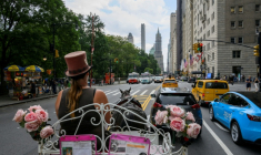 La cochère Christina Hansen sur sa calèche dans les rues de Manhattan, à New York, le 26 août 2022 ( AFP / ANGELA WEISS )