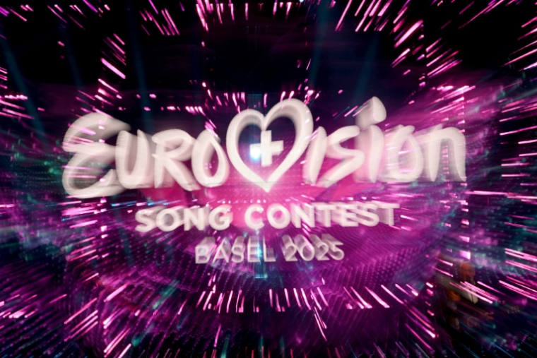 Le logo de l'Eurovision à la St. Jakobshalle de Bâle le 13 mai 2025 ( AFP / SEBASTIEN BOZON )