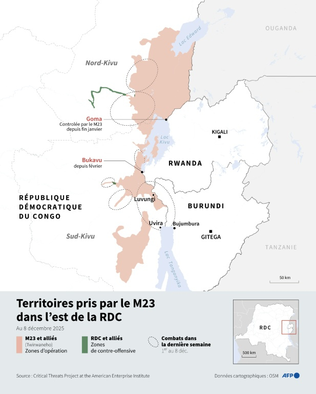 Carte de l'est de la République démocratique du Congo montrant la progression du M23, allié du Rwanda, au 8 décembre 2025 ( AFP / Nalini LEPETIT-CHELLA )