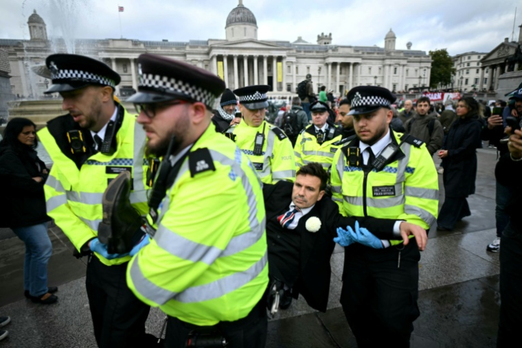 Un manifestant est emmené par des policiers lors d'une action de soutien à l'organisation Palestine Action, à Londres, le 4 octobre 2025 ( AFP / JUSTIN TALLIS )
