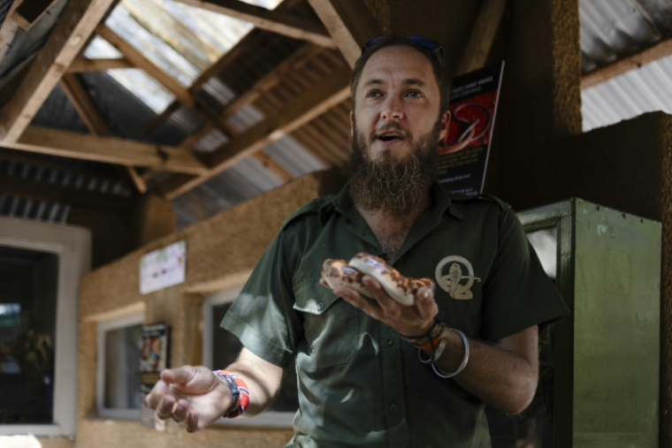 Le spécialiste en reptiles, Kyle Buster Ray, tient un serpent dans sa main, lors d'une interview à la Ferme aux serpents de Watamu, le 8 avril 2025 au Kenya ( AFP / Tony KARUMBA )