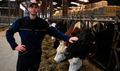 Aymeric Brandazzi, producteur de lait, dans un élevage à Xertigny, dans les Vosges, le 28 septembre 2024. ( AFP / Jean-Christophe VERHAEGEN )