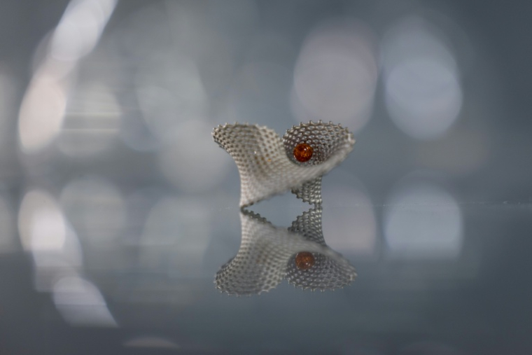 Une pièce de joaillerie en ambre de la Baltique imprimée en 3D à l'Académie des Beaux-Arts de Gdansk, le 10 mars 2026 à Gdansk, en Pologne  ( AFP / Wojtek RADWANSKI )