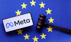 Illustration du logo de Meta, le drapeau de l'Union Européenne et un marteau de juge