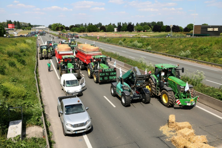 Des agriculteurs bloquent l'autoroute A1 avec des tracteurs près de Lille, pour réclamer des assouplissements le 19 mai 2025 ( AFP / FRANCOIS LO PRESTI )