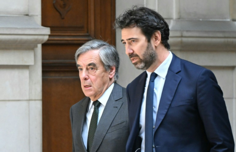 L'ex-Premier ministre français Francois Fillon (g) et son avocat Antonin Levy à la cour d'appel de Paris, le 29 avril 2025 ( AFP / Bertrand GUAY )