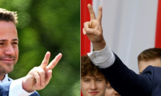 Les candidats à la présidentielle polonaise, le maire centriste de Varsovie Rafal Trzaskowski (à gauche) et le conservateur Karol Nawrocki, le 25 mai 2025. ( AFP / Sergei GAPON )