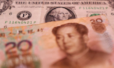 Illustration représentant des billets de banque en dollars américains et en yuans chinois