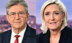 Le leader LFI Jean-Luc Mélenchon (g) le 3 mai 2026 et la cheffe du groupe parlementaire RN à l'Assemblée nationale Marine Le Pen le 10 juin 2024, sur le plateau de TF1 à Boulogne-Billancourt, dans les Hauts-de-Seine ( AFP / Julie SEBADELHA )