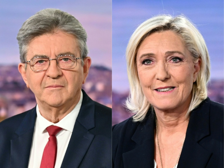Le leader LFI Jean-Luc Mélenchon (g) le 3 mai 2026 et la cheffe du groupe parlementaire RN à l'Assemblée nationale Marine Le Pen le 10 juin 2024, sur le plateau de TF1 à Boulogne-Billancourt, dans les Hauts-de-Seine ( AFP / Julie SEBADELHA )