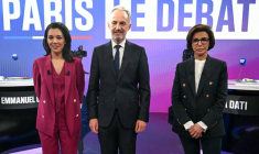 Les candidats à la mairie de Paris avant le débat le 18 mars 2026 sur BFMTV. De gauche à droite : Sophia Chikirou, Emmanuel Gregoire et Rachida Dati ( AFP / Bertrand GUAY )