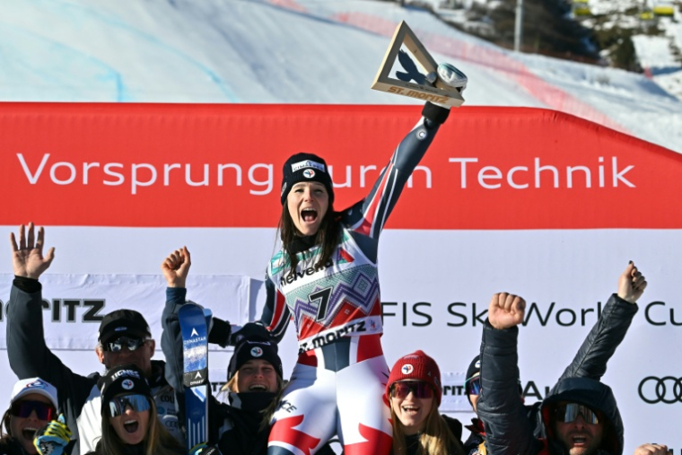 La Française Romane Miradoli, 2e du super-G de Saint-Moritz (Suisse), le 14 décembre 2025  ( AFP / Fabrice COFFRINI )