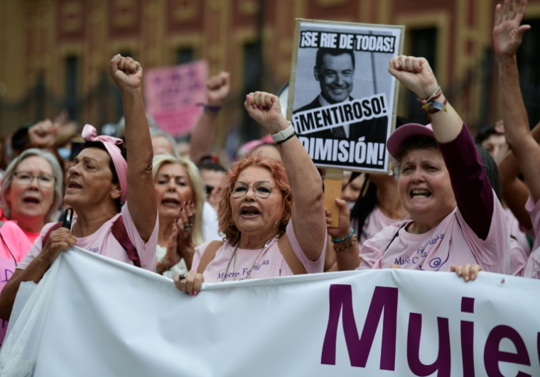 Des manifestants, dont une grande majorité de femmes, protestent contre la gestion des autorités régionales dans des retards de dépistage de cancer de sein, le 26 octobre 2025 à Séville ( AFP / CRISTINA QUICLER )