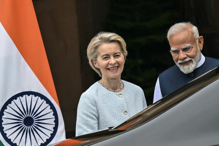 Ursula von der Leyen et Narendra Modi à New Delhi, en Inde, le 28 février 2025. ( AFP / MONEY SHARMA )