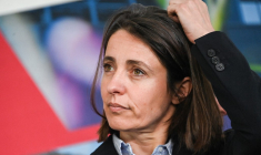 Sophie Binet à Cordenais, le 17 avril 2024. ( AFP / SEBASTIEN SALOM-GOMIS )
