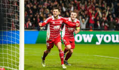 Julien LE CARDINAL of Brest celebrates scoring his team first goal during the UEFA Champions League match between Brest and PSV at Stade du Roudourou on December 10, 2024 in Guingamp, France. (Photo by Daniel Derajinski/Icon Sport)   - Photo by Icon Sport