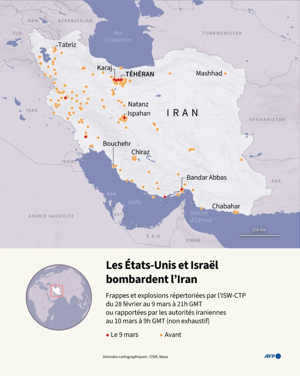 Carte d'Iran localisant des frappes et explosions répertoriées par l'Institute for the Study of War and AEI's Critical Threats Project, au 9 mars à 21h GMT, ou rapportées par les autorités iraniennes au 10 mars à 9h GMT (non exhaustif), depuis le 28 février, début de la guerre des États-Unis/Israël et de l'Iran ( AFP / Luca MATTEUCCI )