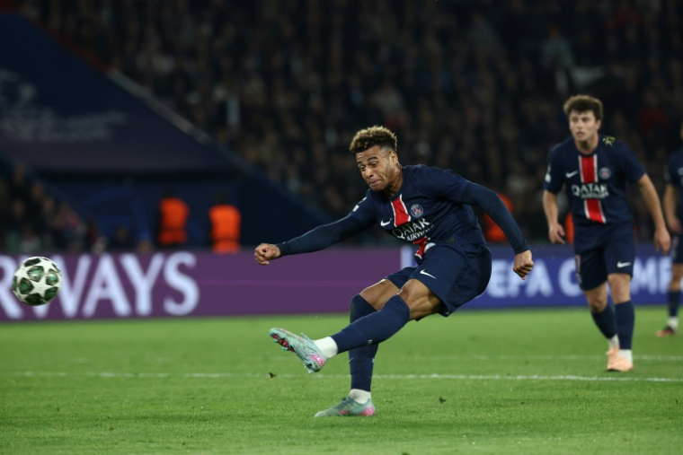 L'attaquant français Désiré Doué, a marqué son troisième but en Ligue des champions face à Aston Villa lors du quart de finale aller de la compétition au Parc des Princes, le 9 avril 2025 ( AFP / FRANCK FIFE )