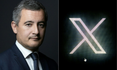 Montage photo du 22 juillet 2025 du ministre de l'Intérieur, Gérald Darmanin,  dans son bureau, le 11 octobre 2022, et du logo de X  ( AFP / JOEL SAGET )