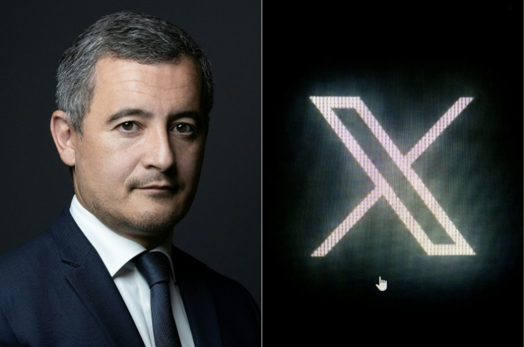 Montage photo du 22 juillet 2025 du ministre de l'Intérieur, Gérald Darmanin, dans son bureau, le 11 octobre 2022, et du logo de X ( AFP / JOEL SAGET )