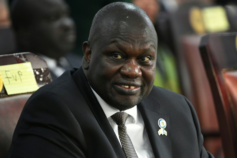 Le vice-président sud-soudanais Riek Machar lors d'une rencontre avec le pape François dans les jardins du palais présidentiel à Juba, le 3 février 2023 ( AFP / Simon MAINA )