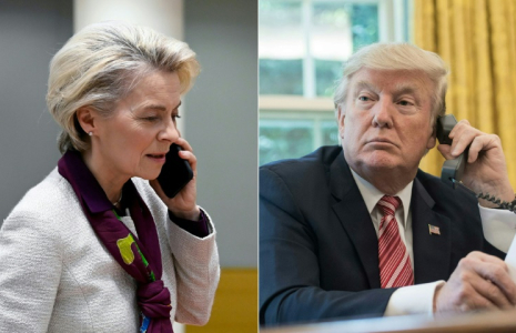La présidente de la Commission européenne Ursula von der Leyen a eu un "bon échange" téléphonique dimanche avec le président américain Donald Trump sur la question des droits de douane ( AFP / JOHN THYS )