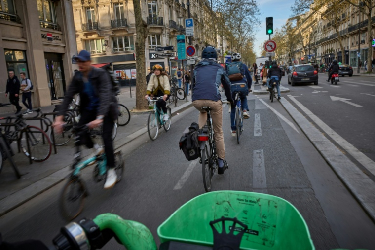 A Paris, où le nombre de pistes cyclables a été démultiplié, pour atteindre 1.500 km, "le vélo a gagné sur les voitures", se félicitait mi-janvier la maire socialiste sortante Anne Hidalgo ( AFP / Kiran RIDLEY )