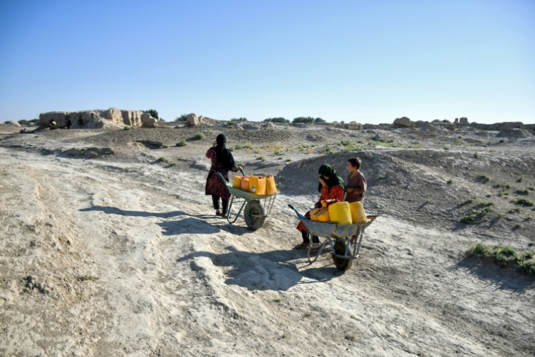 Des villageois acheminent des bidons d'eau sur des brouettes dans le village de Bolak, dans le nord de l'Afghanistan, le 10 juillet 2025 ( AFP / Atif Aryan )