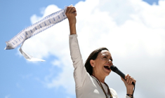 L'opposante vénézuélienne Maria Corina Machado, lors d'une manifestation à Caracas le 28 août 2024 ( AFP / JUAN BARRETO )